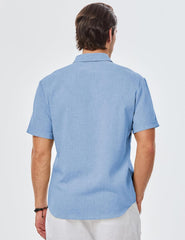 Men's Casual Stylish Short Sleeve Button-Up Striped Dress Shirts Cotton Beach Shirt