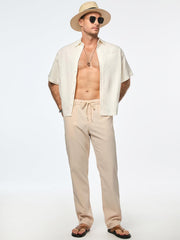 Men's Casual Drawstring Pants Elastic Waist Lightweight Pant Summer Beach Trouser with Pockets