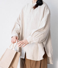 Women's 100% Linen Long Sleeve Loose Casual Blouse Relaxed Fit Shirt Plus Size