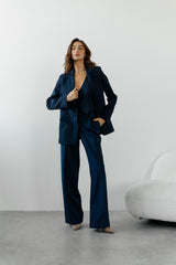 Navy Blue Classic Pantsuit, Dark Blue Formal Three-Piece Women's Suit, 3-Piece Set Jacket Vest and Palazzo Trousers, Office Matching Set