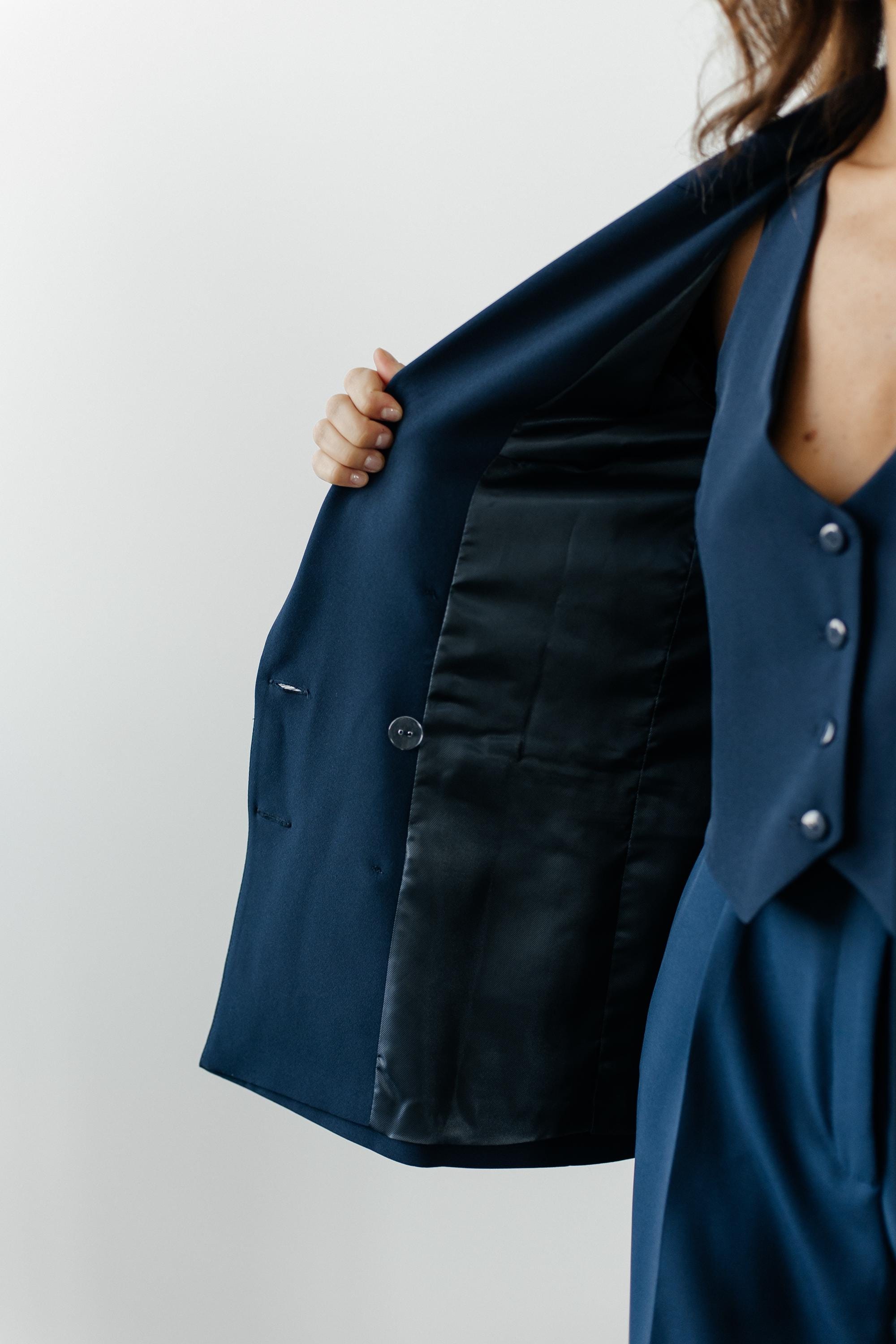 Navy Blue Classic Pantsuit, Dark Blue Formal Three-Piece Women's Suit, 3-Piece Set Jacket Vest and Palazzo Trousers, Office Matching Set