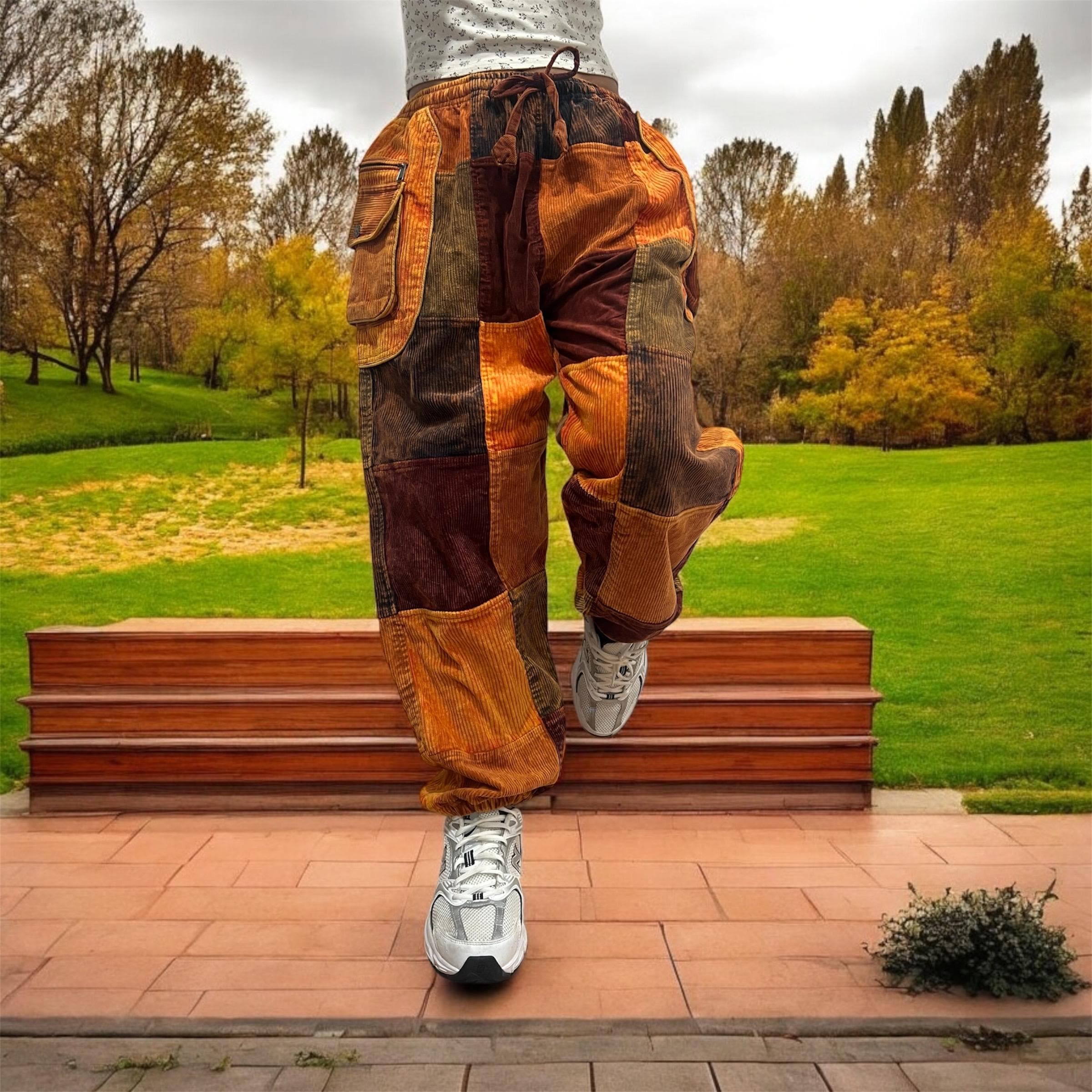 Corduroy Patchwork Pants with Side Satchel Pockets, Stone Washed