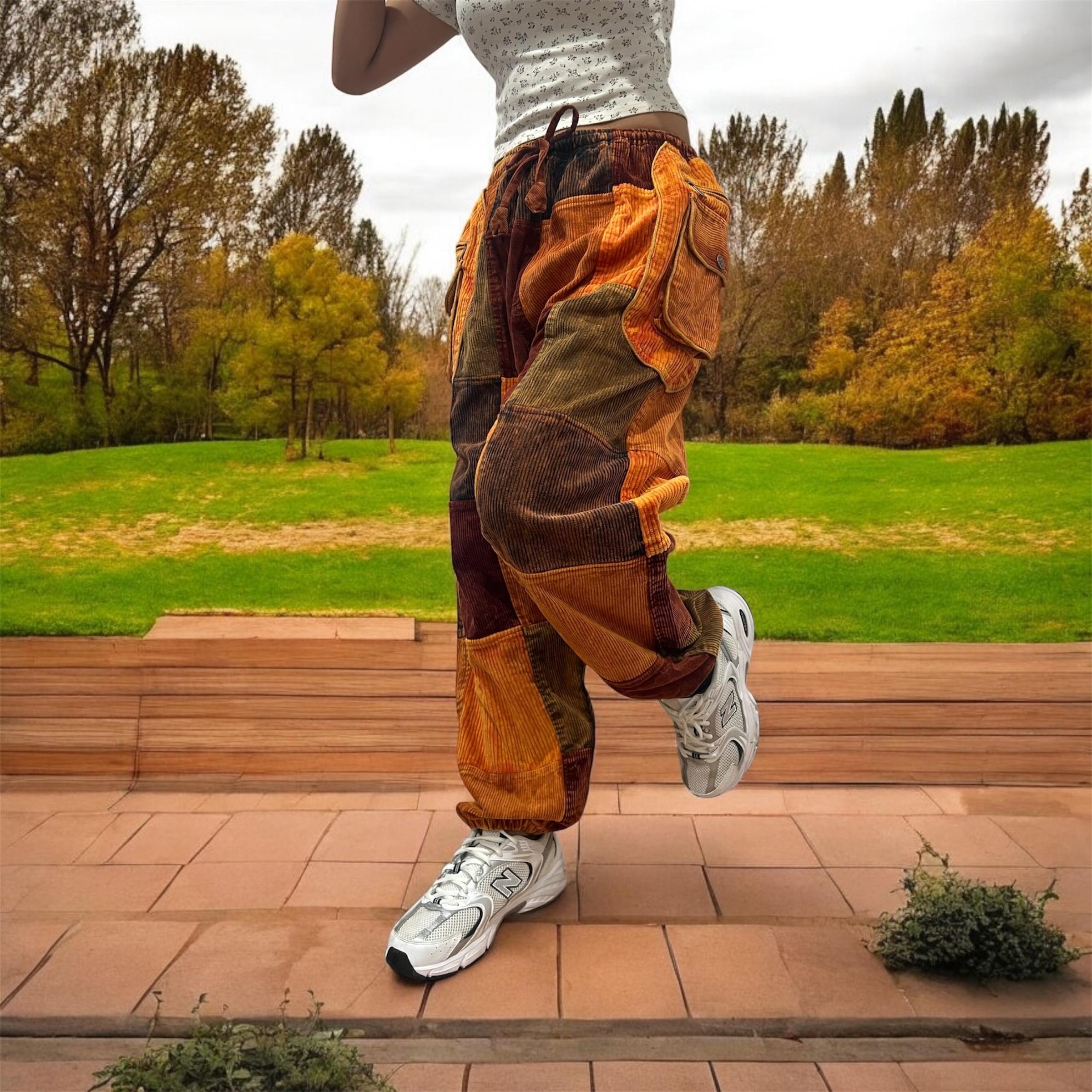 Corduroy Patchwork Pants with Side Satchel Pockets, Stone Washed