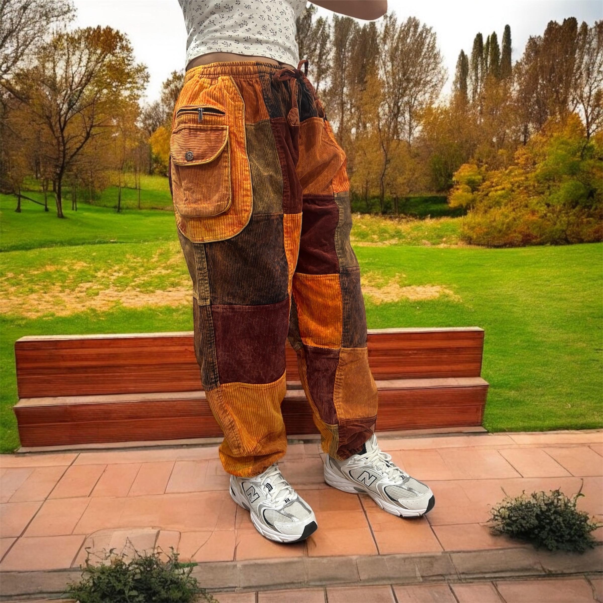 Corduroy Patchwork Pants with Side Satchel Pockets, Stone Washed