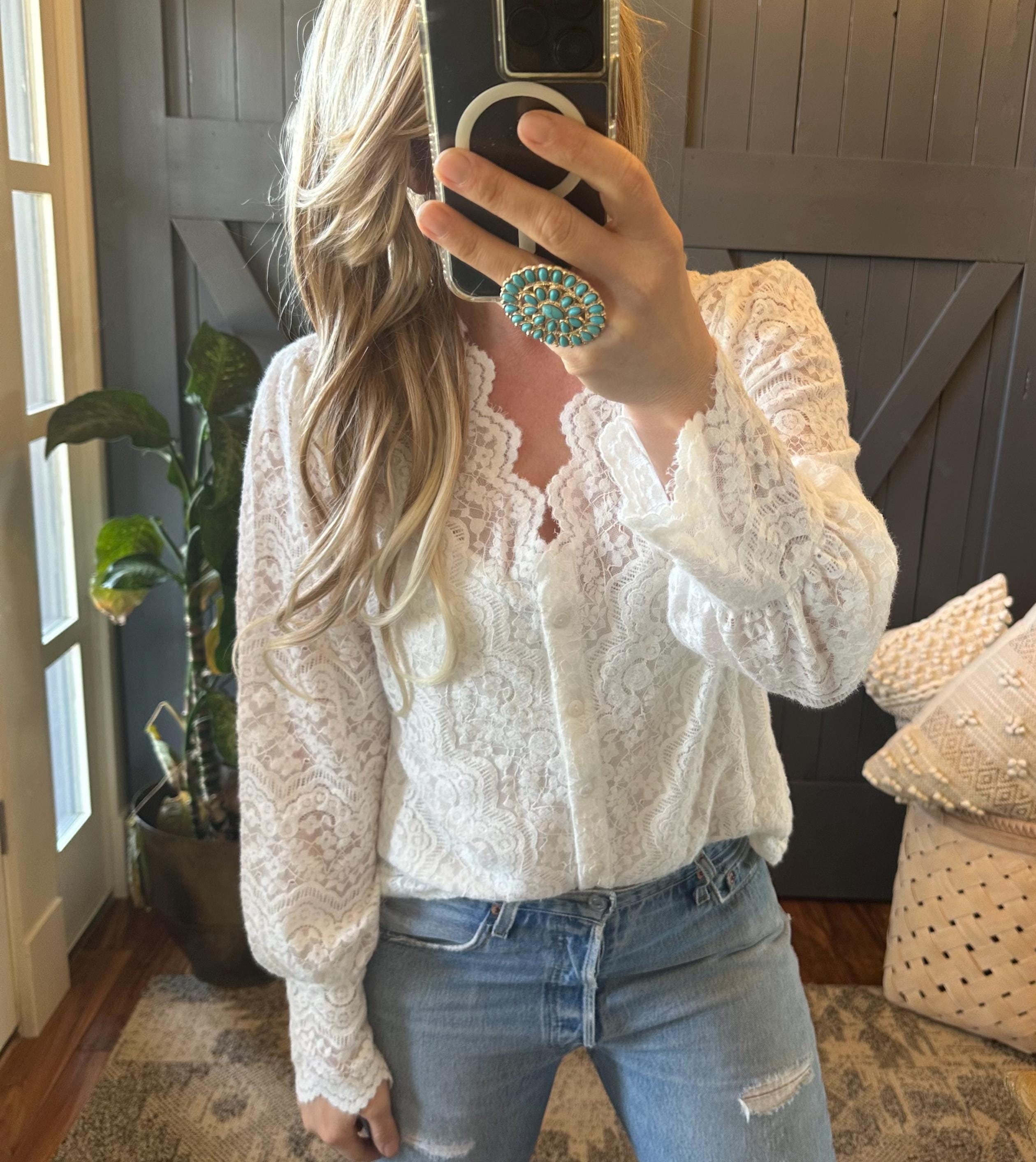 Scalloped Lace Blouse: Long Sleeve Button-Front Top