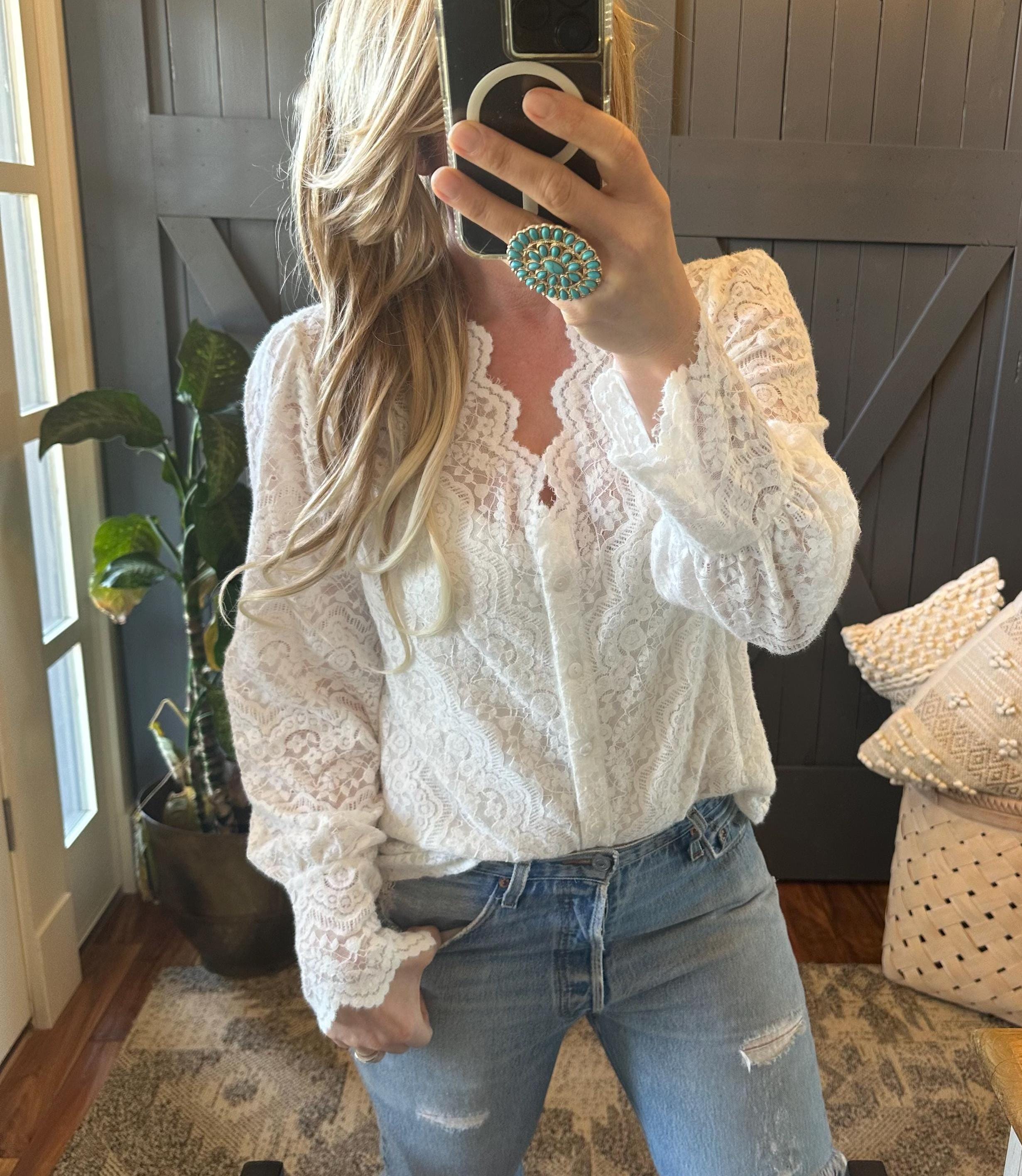 Scalloped Lace Blouse: Long Sleeve Button-Front Top