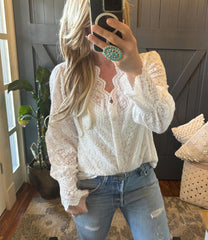 Scalloped Lace Blouse: Long Sleeve Button-Front Top