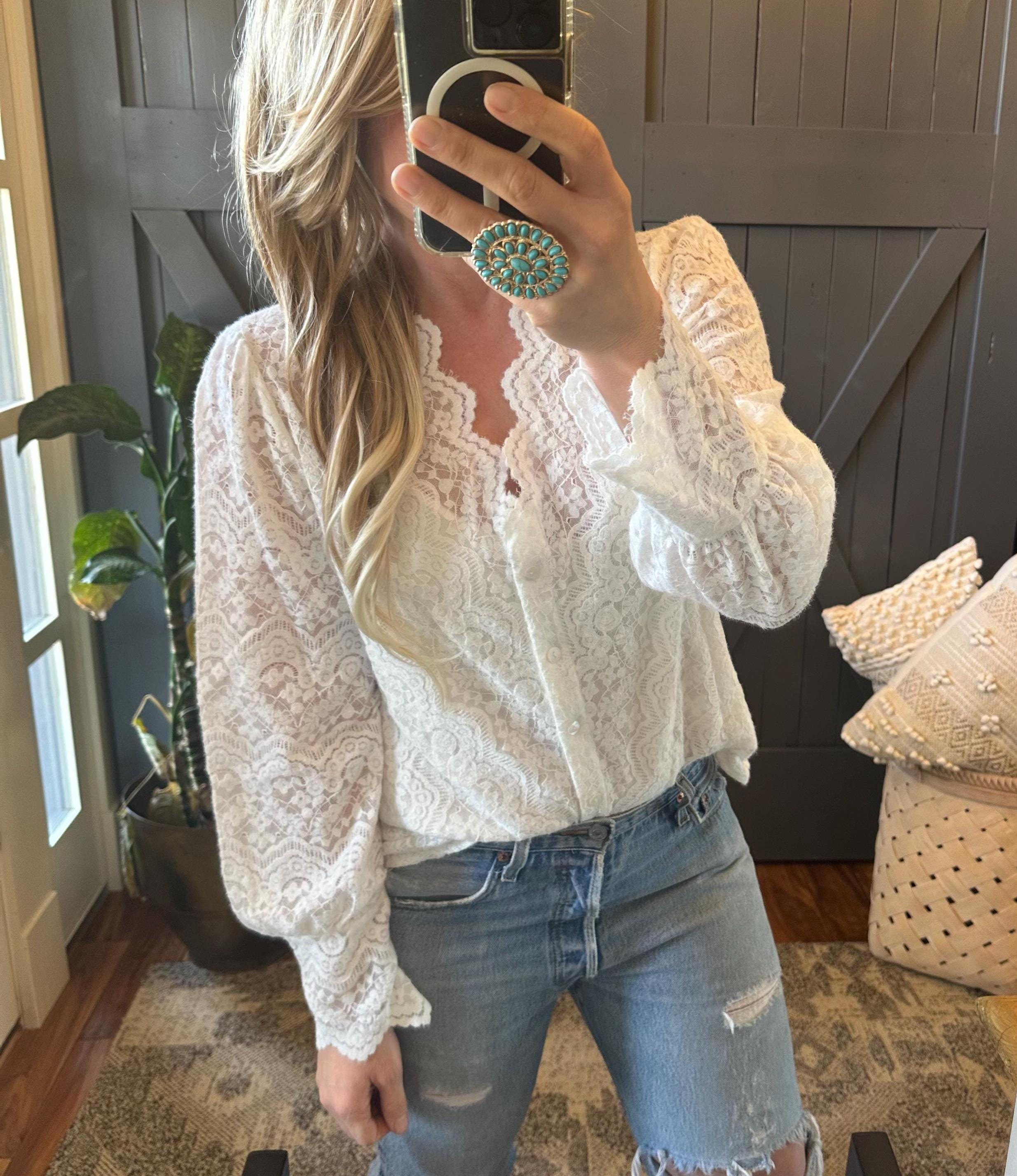 Scalloped Lace Blouse: Long Sleeve Button-Front Top