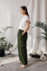Linen Cargo Pants: Elastic Waist, Wide Leg, Side Pockets