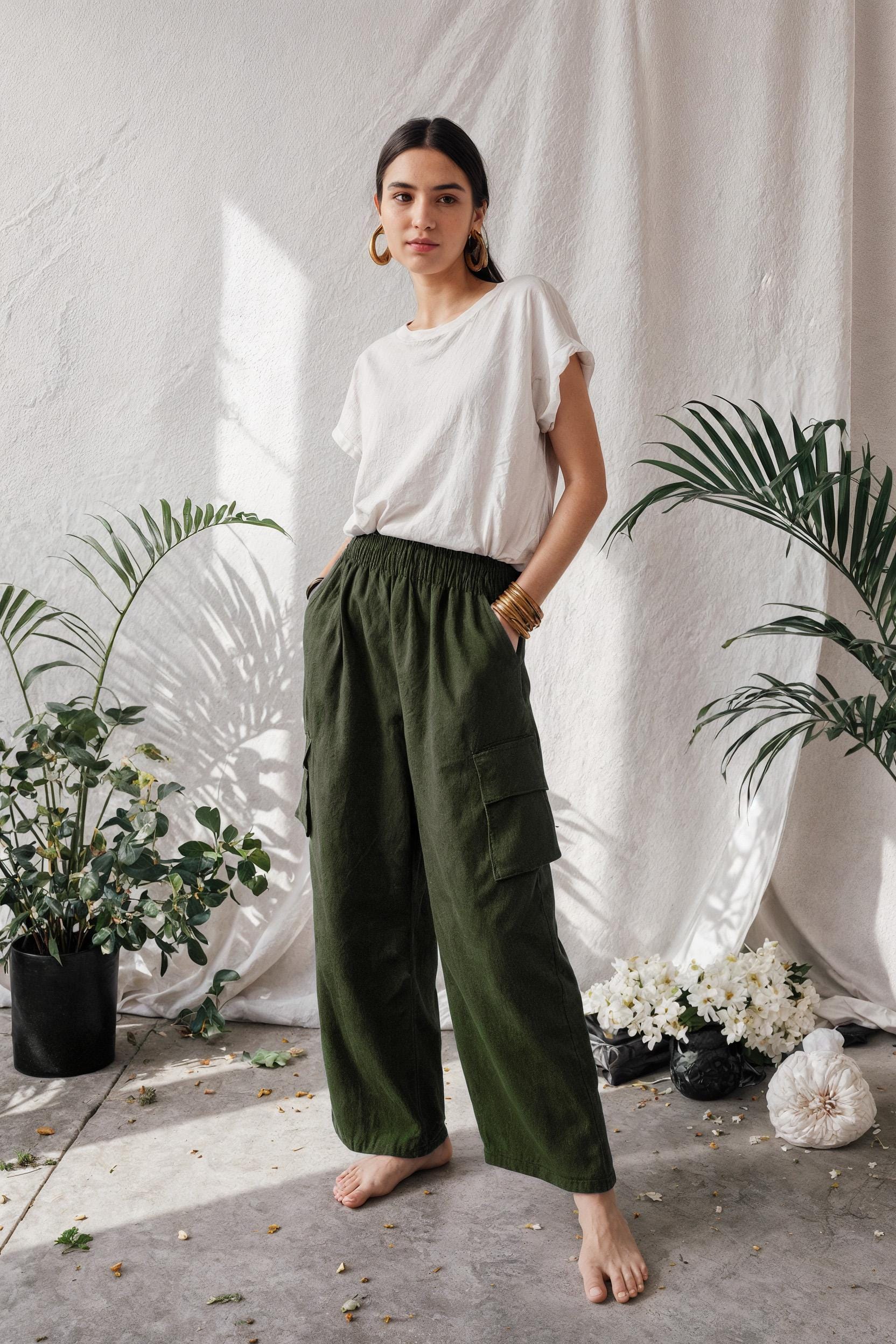 Linen Cargo Pants: Elastic Waist, Wide Leg, Side Pockets