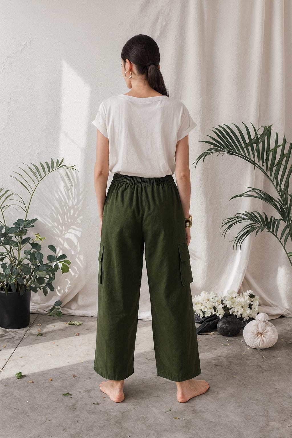 Linen Cargo Pants: Elastic Waist, Wide Leg, Side Pockets