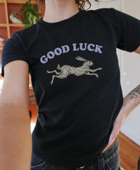 Good Luck Rabbit Baby Tee, Lucky Graphic Tee for Women, Retro Western Style Shirt, Cool Vintage Animal T Shirt, Running Bunny Tee