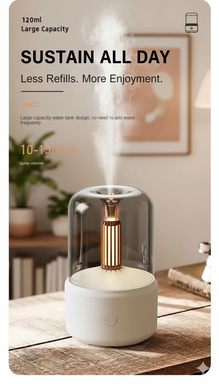 Modern Candlelight Aroma Diffuser 120ml, Air Humidifier with Light Home, Car & Office Decor