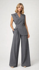 Elegant sleeveless pantsuit with tailored vest, wide leg trousers, minimalist office outfit, chic formal matching set for women