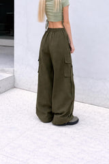 Olive Green Loose Fit Cargo Trousers – Everyday Casual Pants with Adjustable Drawstring