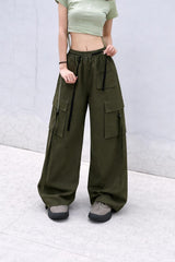 Olive Green Loose Fit Cargo Trousers – Everyday Casual Pants with Adjustable Drawstring