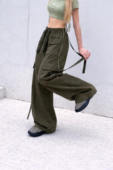 Olive Green Loose Fit Cargo Trousers – Everyday Casual Pants with Adjustable Drawstring