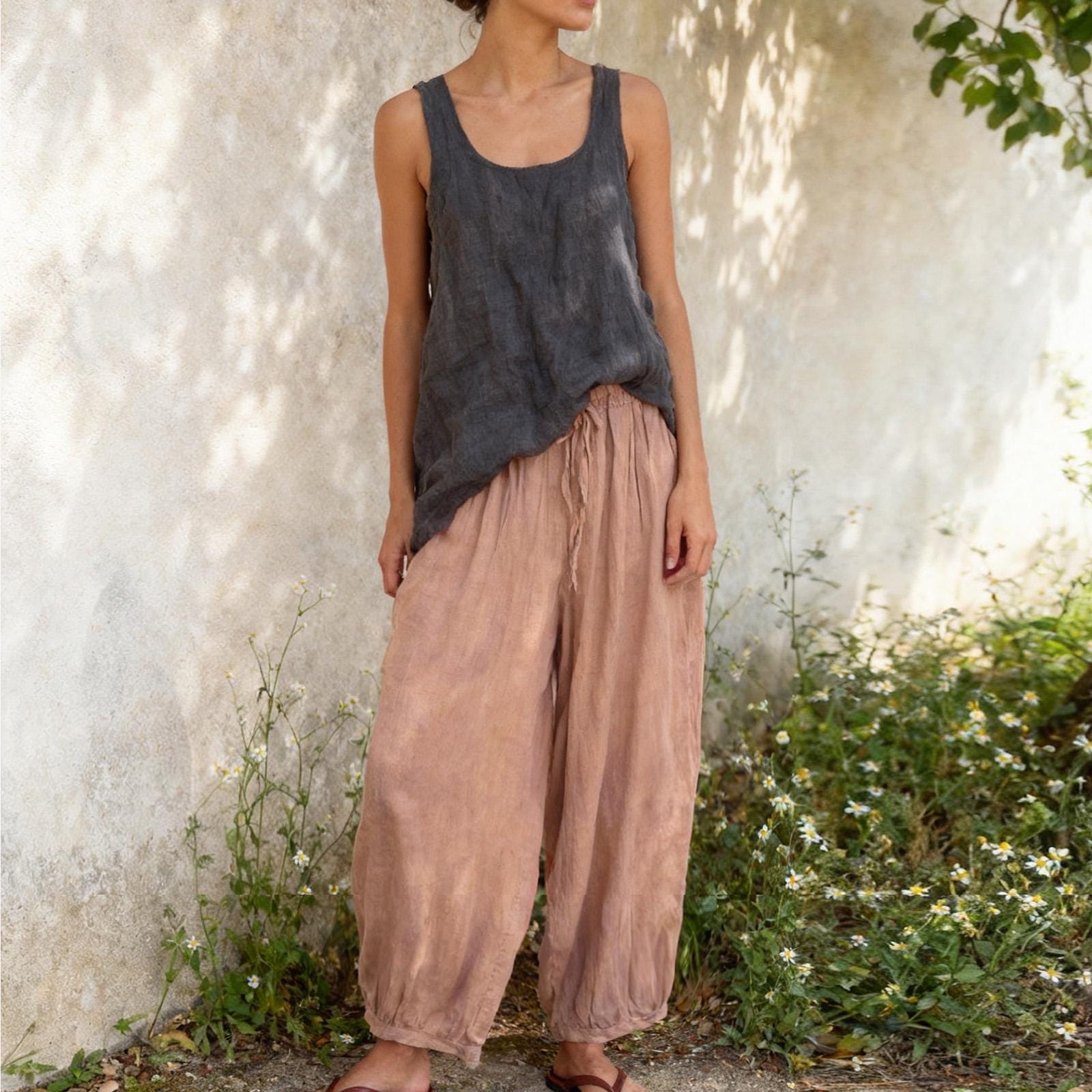 Harem Pants Women, Cotton Wide Leg Boho Trousers, Elastic Waist Lantern Pants