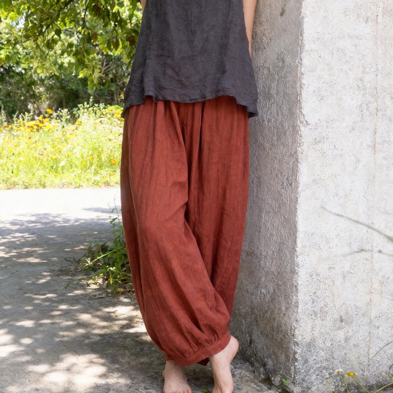 Harem Pants Women, Cotton Wide Leg Boho Trousers, Elastic Waist Lantern Pants