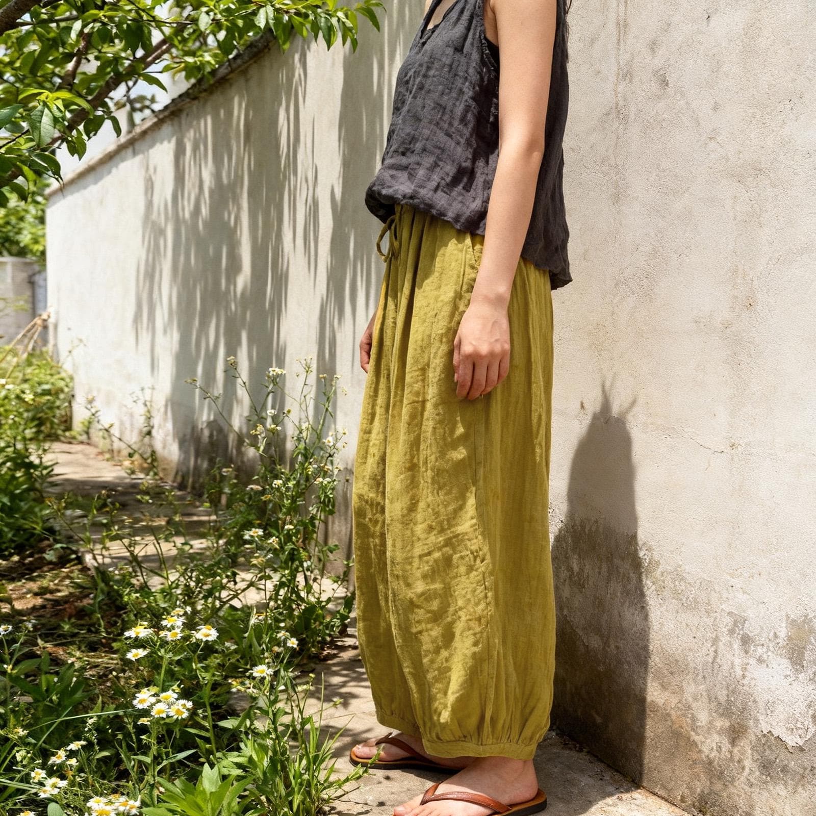Harem Pants Women, Cotton Wide Leg Boho Trousers, Elastic Waist Lantern Pants