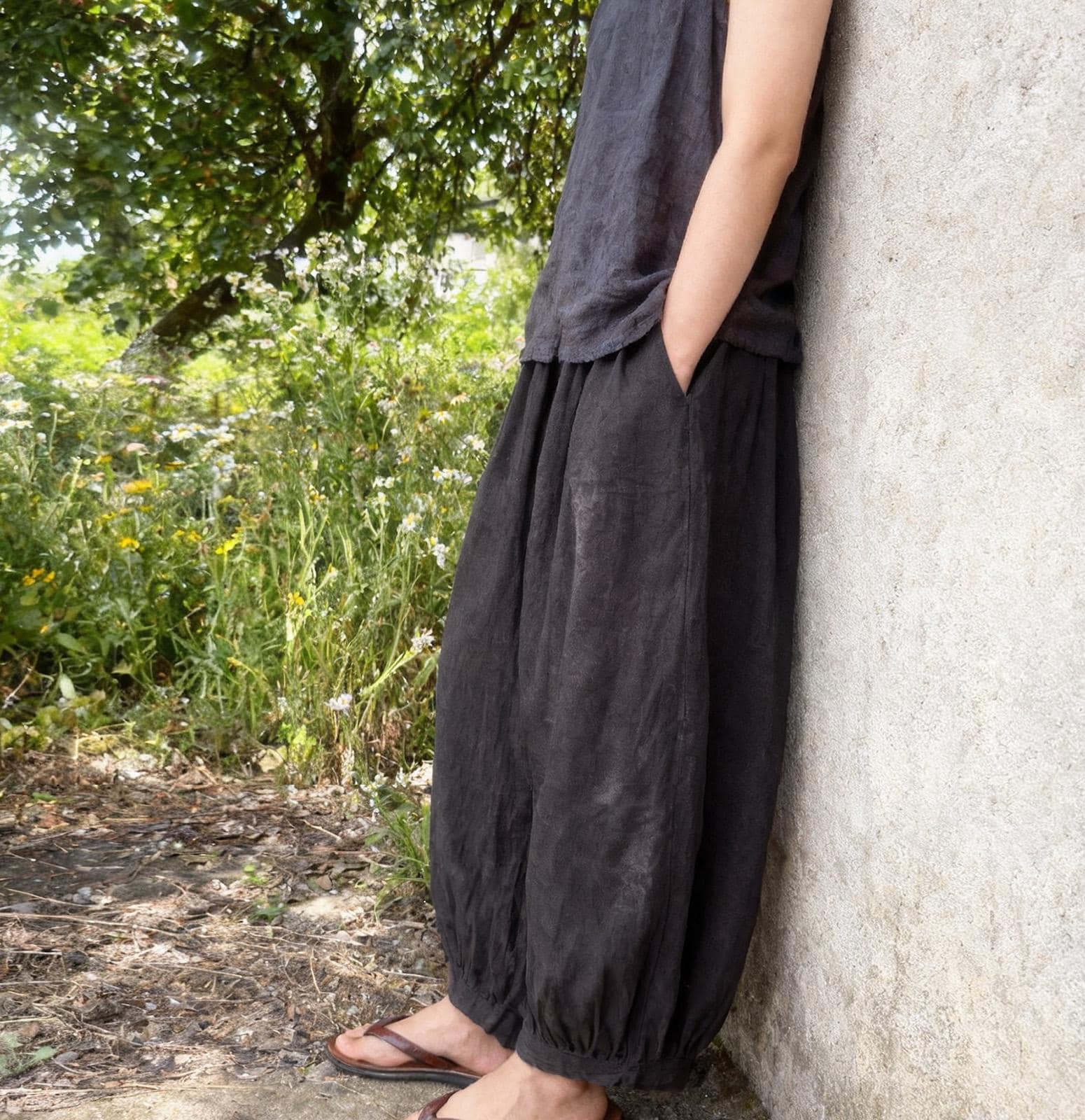 Harem Pants Women, Cotton Wide Leg Boho Trousers, Elastic Waist Lantern Pants