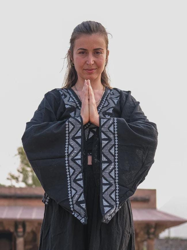 Boho Kimono Sleeve Wrap Top, Cotton Linen Festival Blouse Block Print Crop Bell Sleeve Bohemian Clothing Tribal Summer