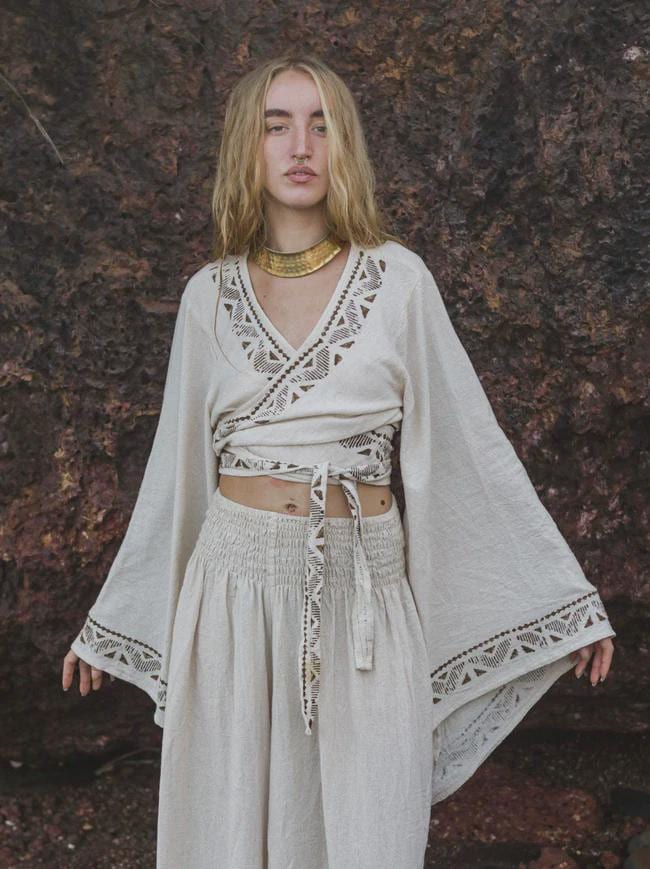 Boho Kimono Sleeve Wrap Top, Cotton Linen Festival Blouse Block Print Crop Bell Sleeve Bohemian Clothing Tribal Summer