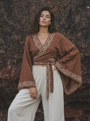 Boho Kimono Sleeve Wrap Top, Cotton Linen Festival Blouse Block Print Crop Bell Sleeve Bohemian Clothing Tribal Summer