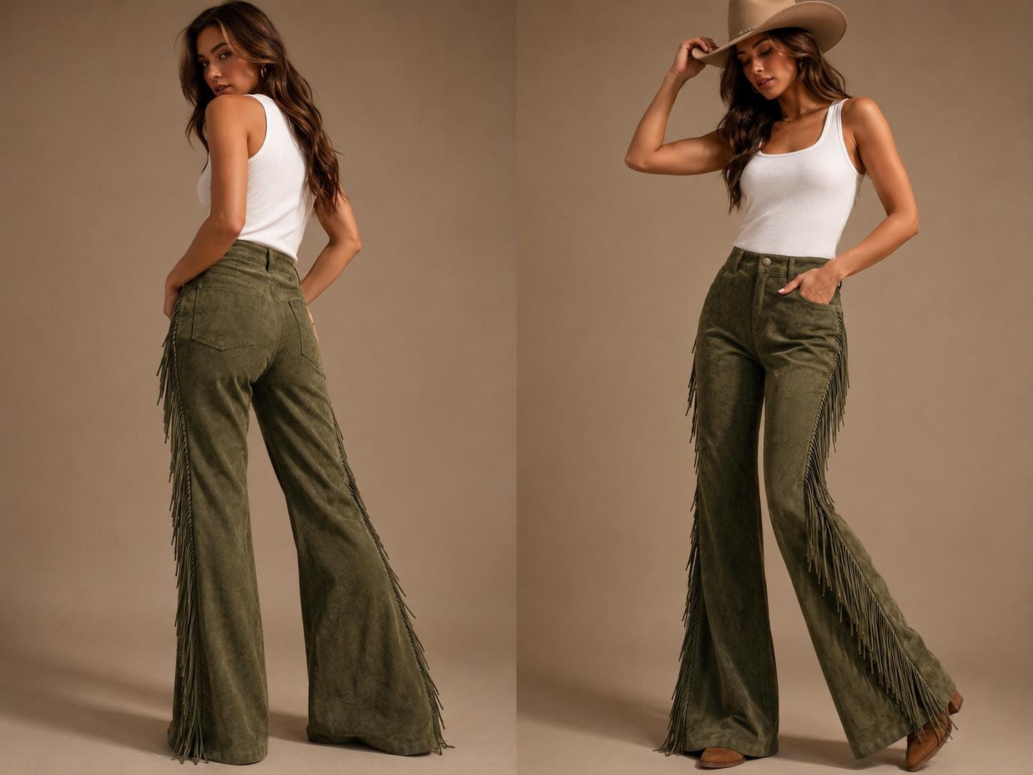 Women's Olive Suede Leather Fringe Pants – Handmade Western Cowgirl Bell Bottom Leather Trousers - Ranch style boho fringe Cowboy Style Pant