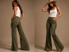 Women's Olive Suede Leather Fringe Pants – Handmade Western Cowgirl Bell Bottom Leather Trousers - Ranch style boho fringe Cowboy Style Pant