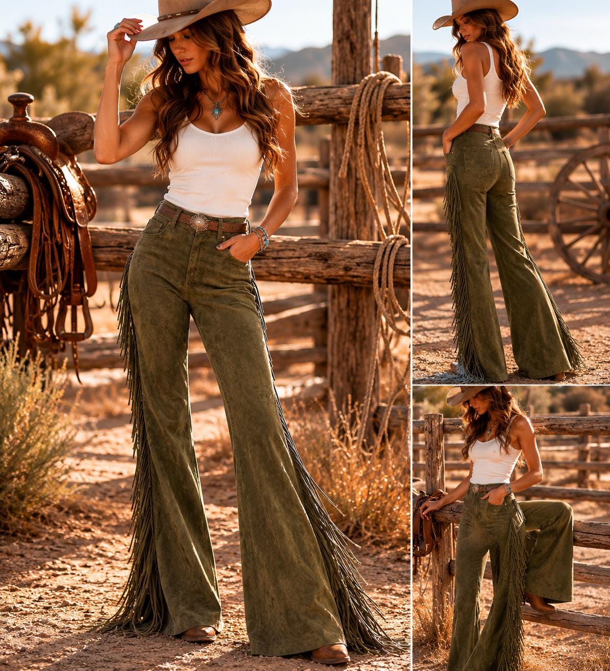 Women's Olive Suede Leather Fringe Pants – Handmade Western Cowgirl Bell Bottom Leather Trousers - Ranch style boho fringe Cowboy Style Pant