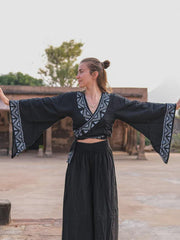 Boho Kimono Sleeve Wrap Top, Cotton Linen Festival Blouse Block Print Crop Bell Sleeve Bohemian Clothing Tribal Summer