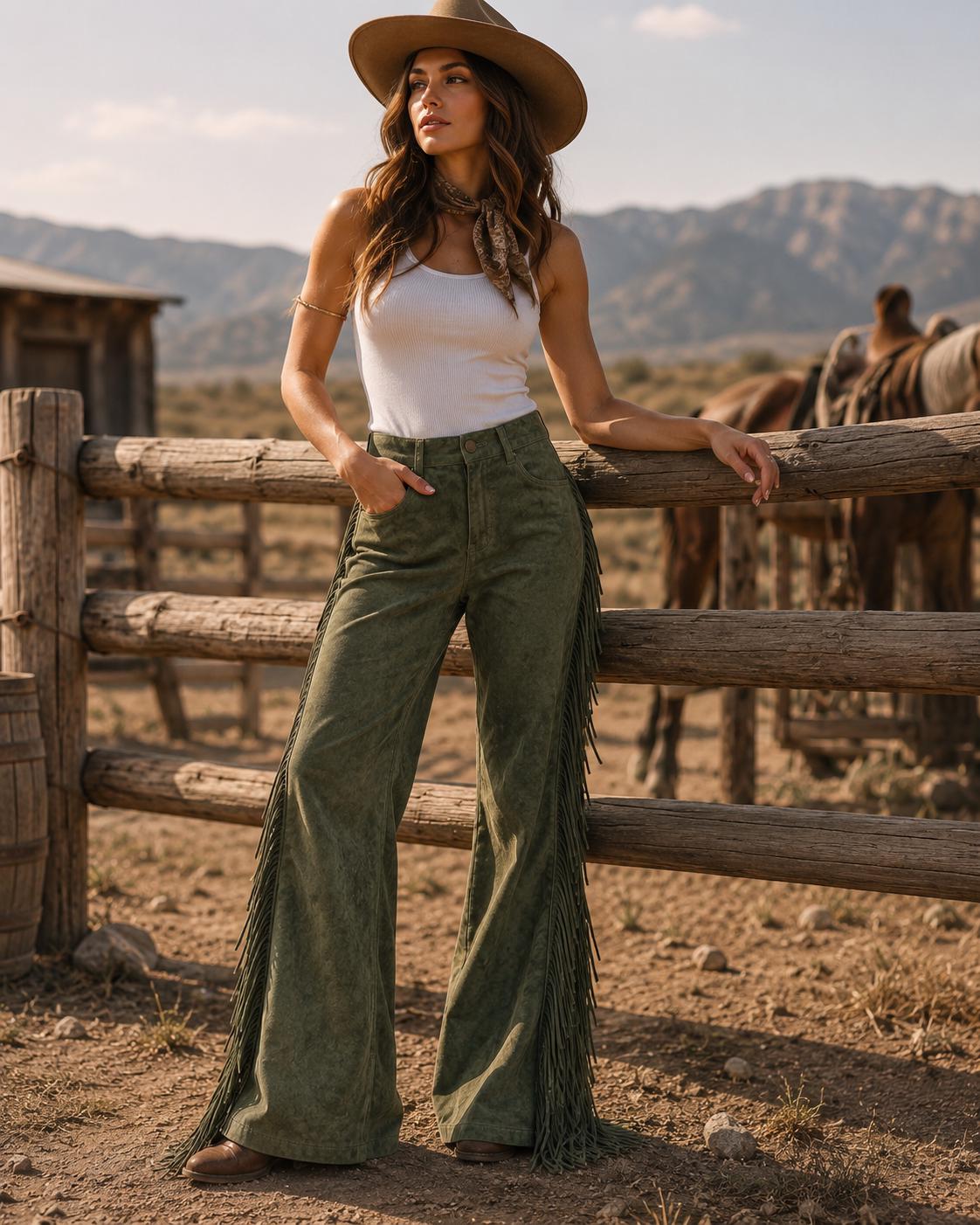 Women's Olive Suede Leather Fringe Pants – Handmade Western Cowgirl Bell Bottom Leather Trousers - Ranch style boho fringe Cowboy Style Pant