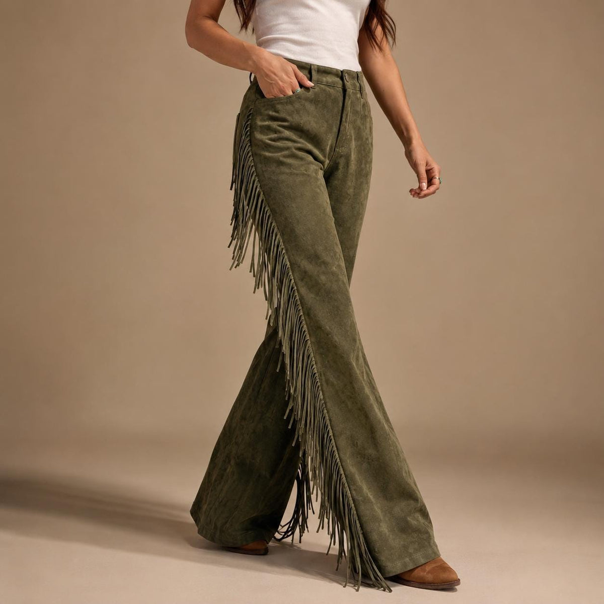 Women's Olive Suede Leather Fringe Pants – Handmade Western Cowgirl Bell Bottom Leather Trousers - Ranch style boho fringe Cowboy Style Pant