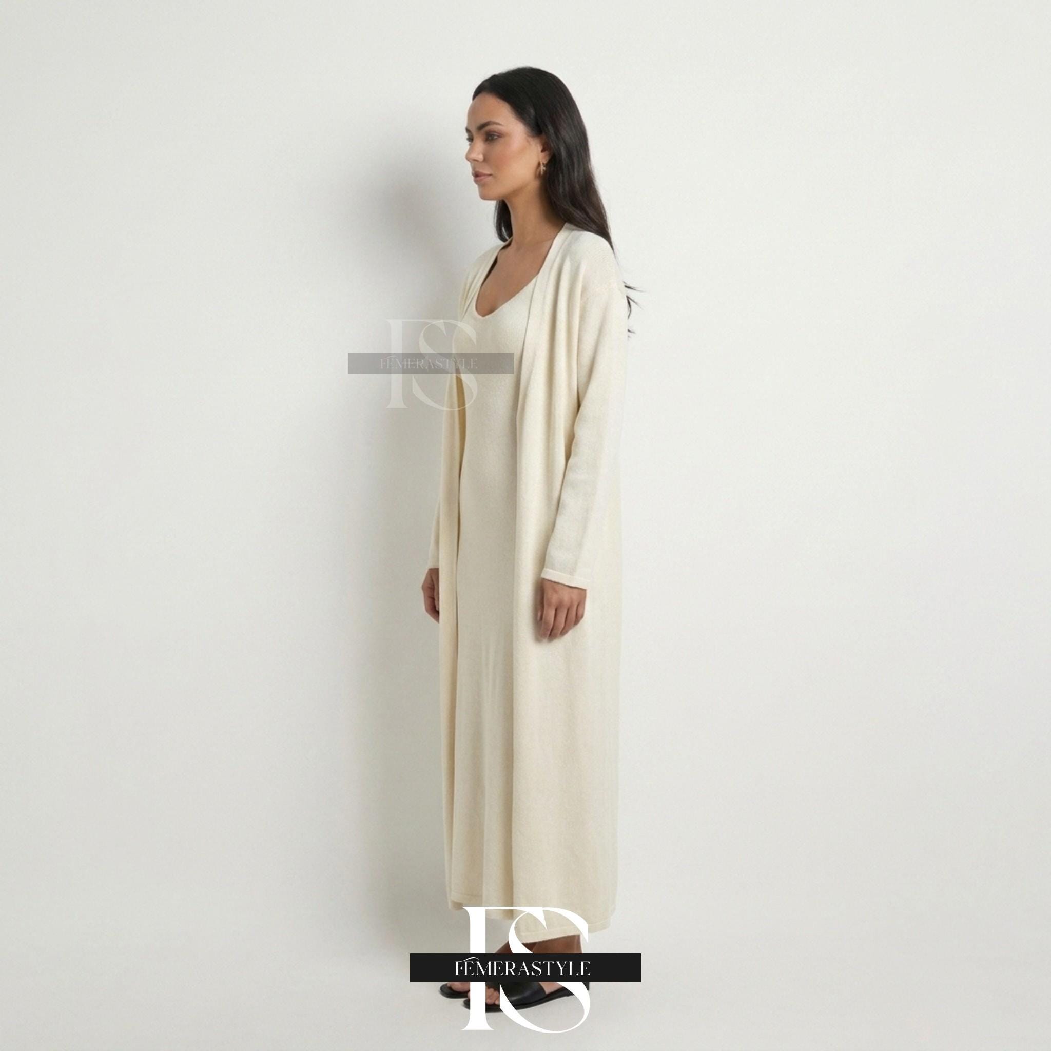 Women's Cotton Knit Two Piece Set | Cardigan Dress and Cardigan Set | Knitted Maxi Dress Set | Cotton Knit Co-Ord Set