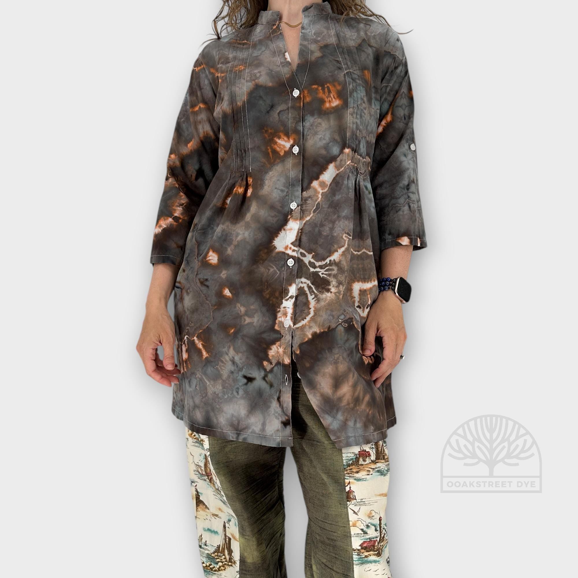 Women's Tie Dye Blouse, Roll Sleeve Button Down Shirt, Cotton Summer Tunic