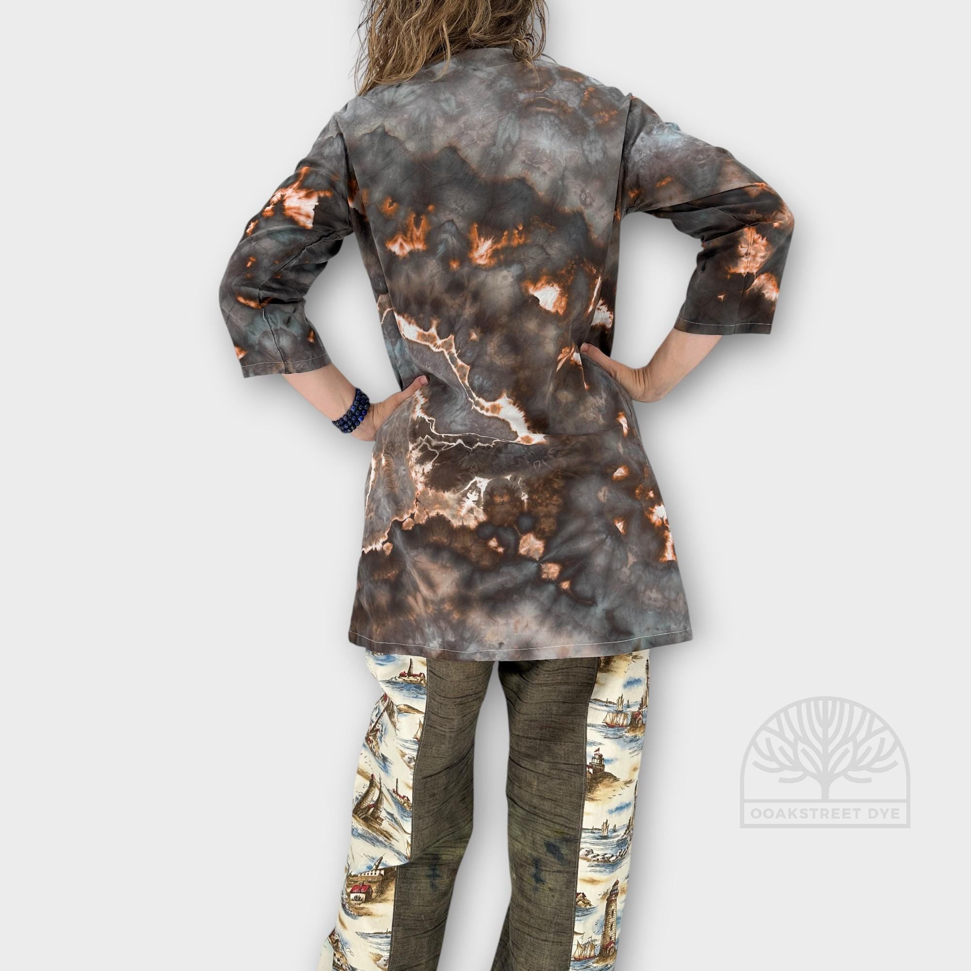 Women's Tie Dye Blouse, Roll Sleeve Button Down Shirt, Cotton Summer Tunic