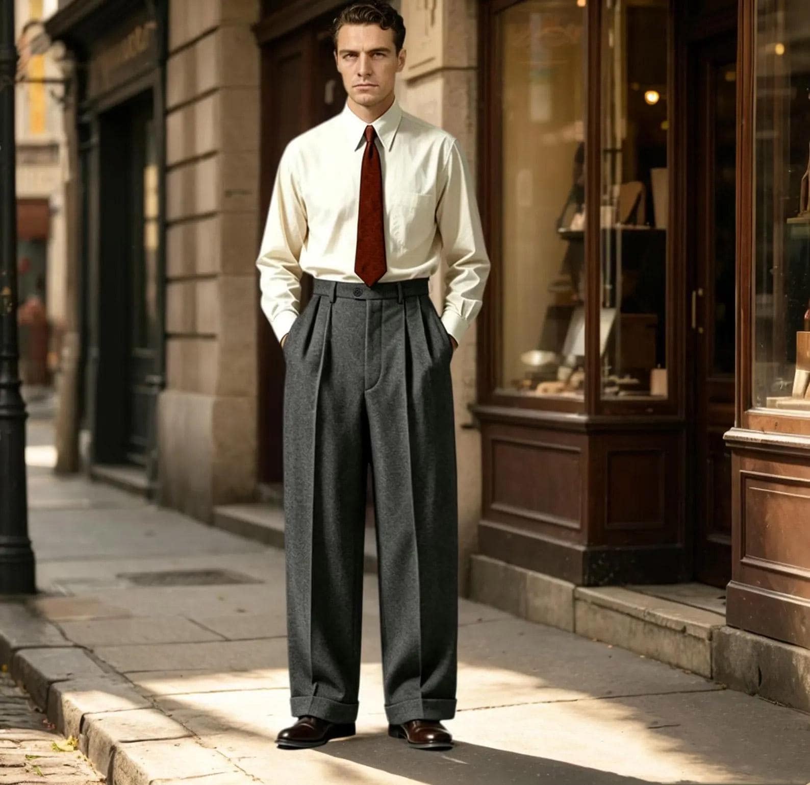 Custom 1930s Hollywood High-Waist Wool Slacks | Double Pleat, Loose Fit