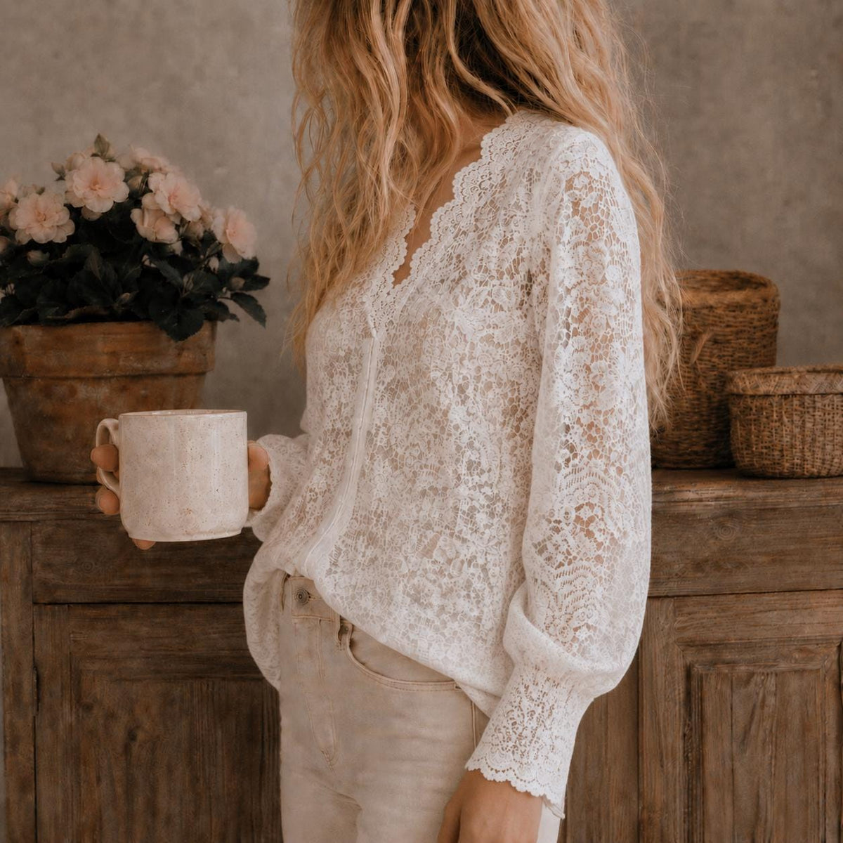 Scalloped Lace Blouse: Long Sleeve Button-Front Top
