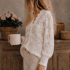 Scalloped Lace Blouse: Long Sleeve Button-Front Top