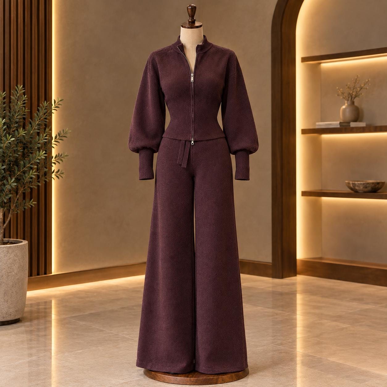 Women’s Knit Loungewear Set | Zipper Cardigan & Wide Leg Pants | Cozy Two Piece Outfit