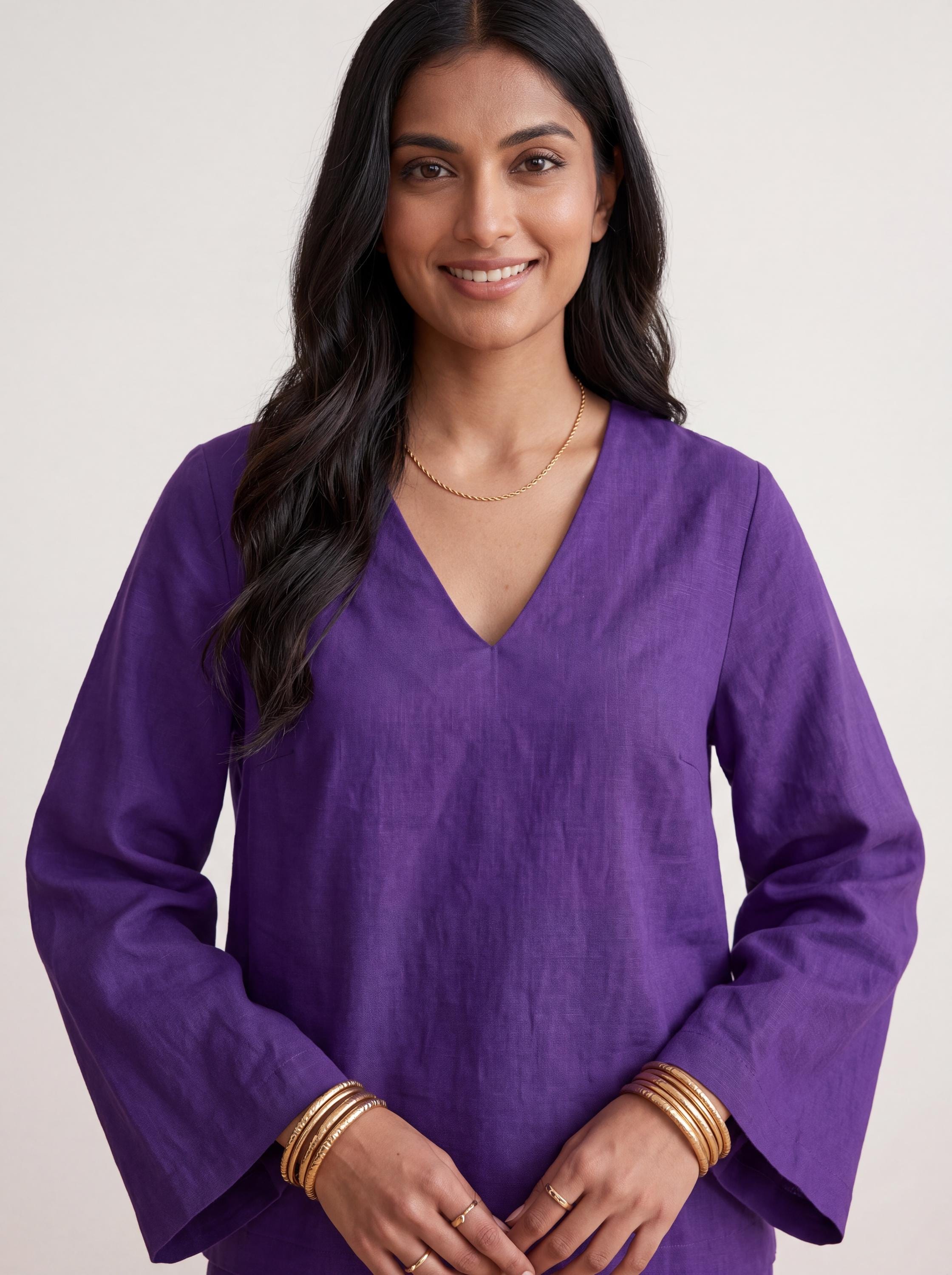 Purple Cotton Poplin Co Ord Set for Women, V Neck Top and Wide Leg Pants, Two Piece Matching Set, Relaxed Lounge Set, Minimalist Outfit