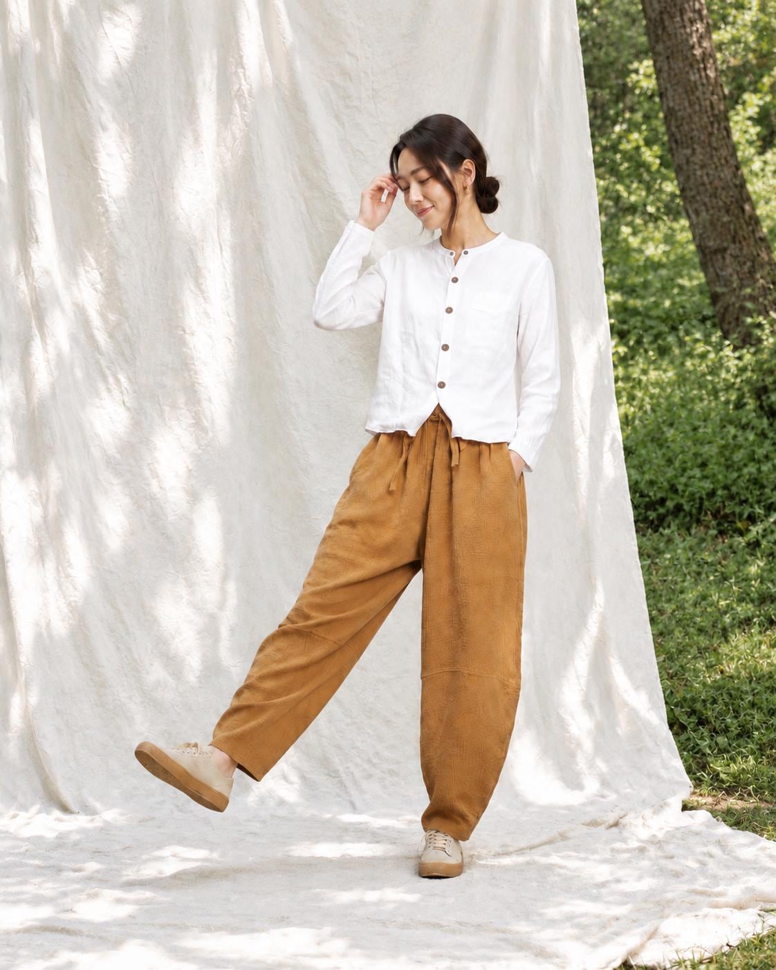 Fall Winter Cotton Linen Balloon Pants, Elastic Drawstring Waist Harem Trousers