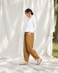 Fall Winter Cotton Linen Balloon Pants, Elastic Drawstring Waist Harem Trousers