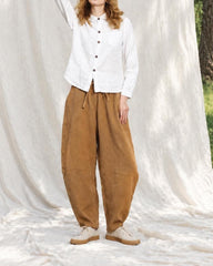 Fall Winter Cotton Linen Balloon Pants, Elastic Drawstring Waist Harem Trousers