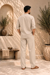 Men's Beige Linen Shirt & Pants Set, Relaxed Resort Wear