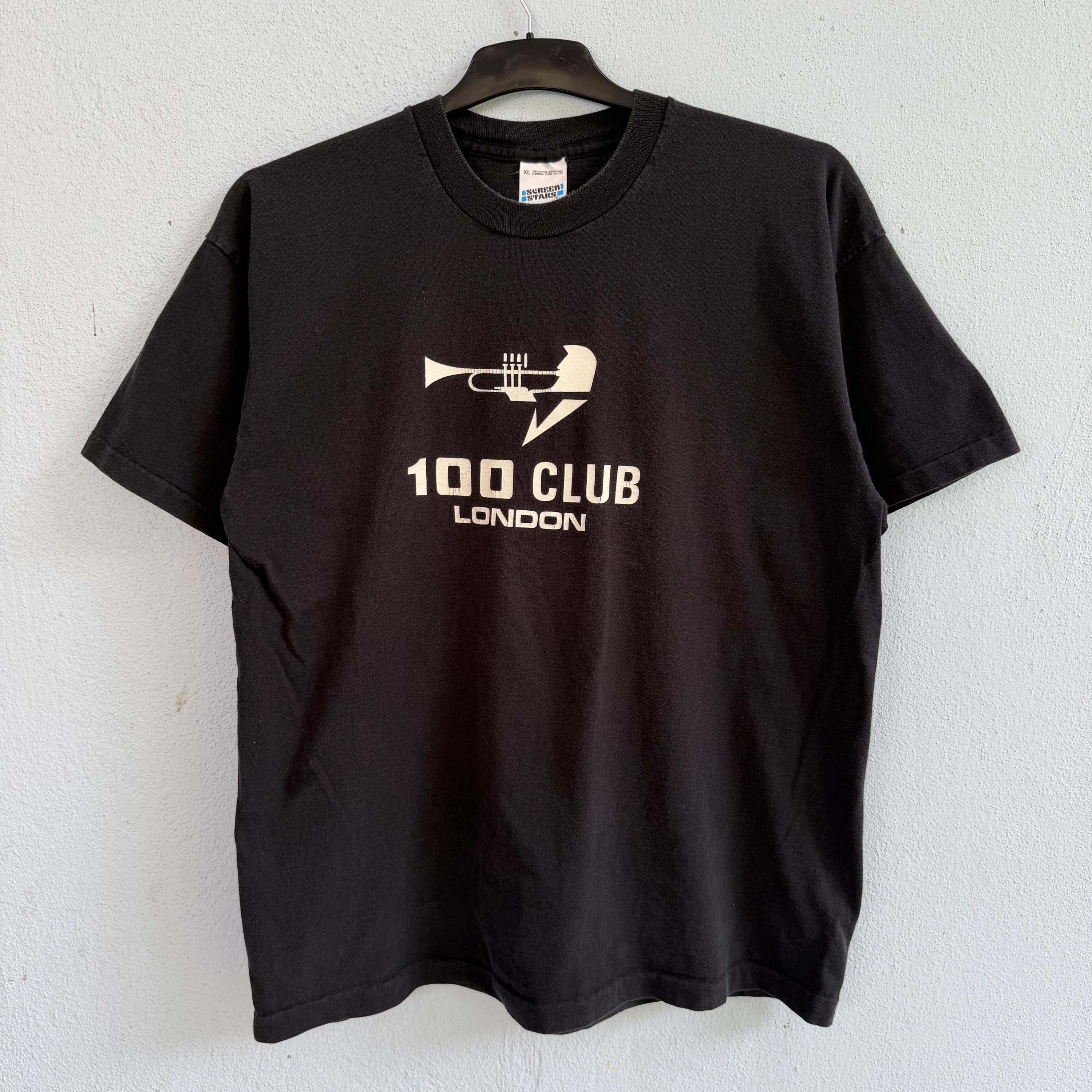 Vintage 90s Screen Stars Black "100 Club London" T-Shirt – Retro Music Venue Trumpet Graphic Tee Size XL