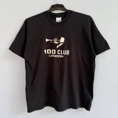 Vintage 90s Screen Stars Black "100 Club London" T-Shirt – Retro Music Venue Trumpet Graphic Tee Size XL