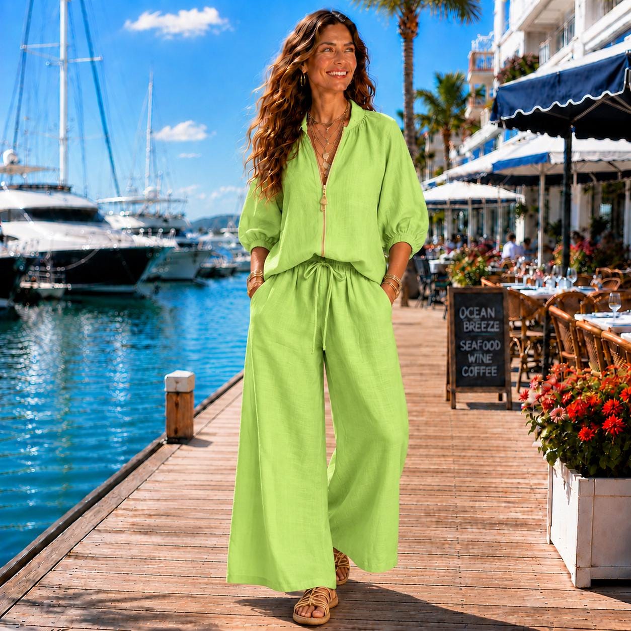Women's Coastal Two Piece Set, Zip Front Top & Wide Leg Pants, Resort Vacation Outfit, Plus Size Matching Set