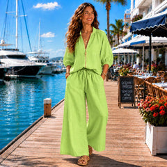 Women's Coastal Two Piece Set, Zip Front Top & Wide Leg Pants, Resort Vacation Outfit, Plus Size Matching Set